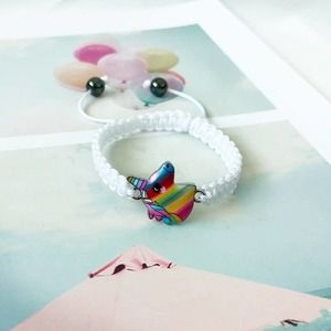 White Silk Adjustable Cord Bracelet w/Enamel Rainbow Unicorn Charm~~NWOT